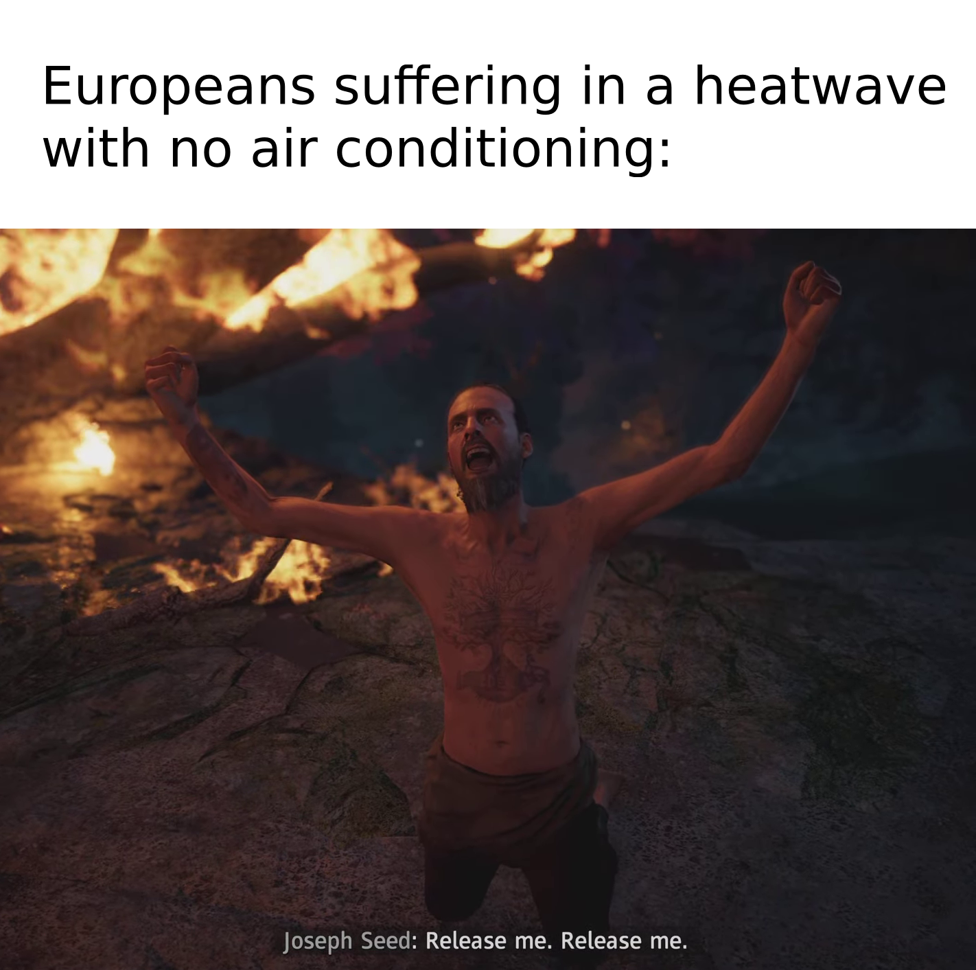 Europeans suffering in a heatwave with no air conditioning: (screenshot from Far Cry New Dawn with someone on their knees in front of a fire saying "Release me. Release me.")