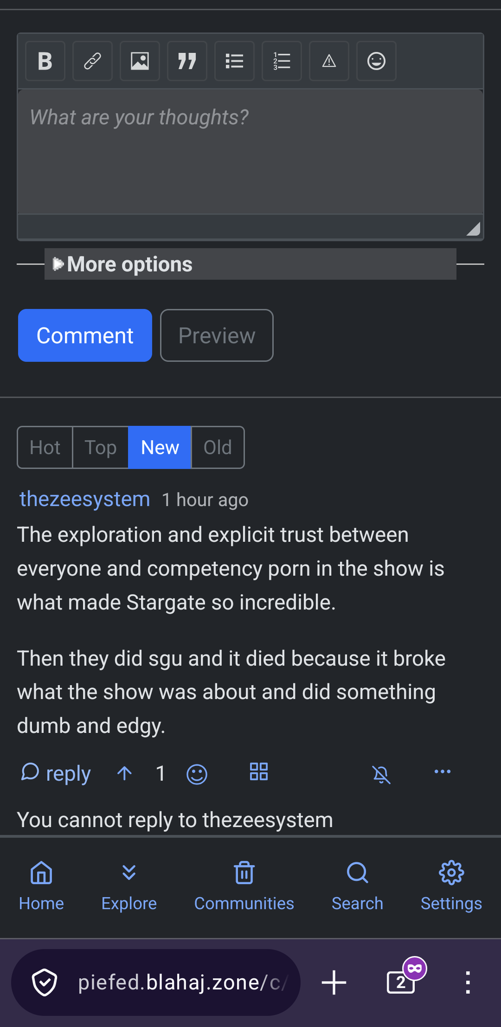 a screenshot of one user not being able to respond to another user's comment