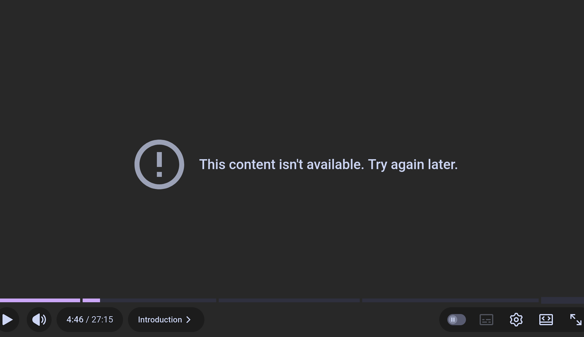Screenshot of youtube with "This content isn't available. Try again later.