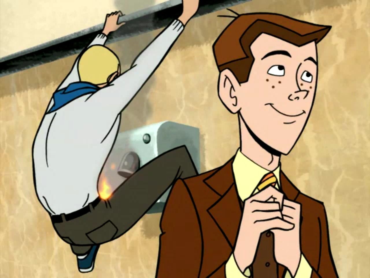 Hank Venture hanging from a hand dryer, drying his crotch. Dean Venture in the foreground with his hands together looking up and off to the right. 
