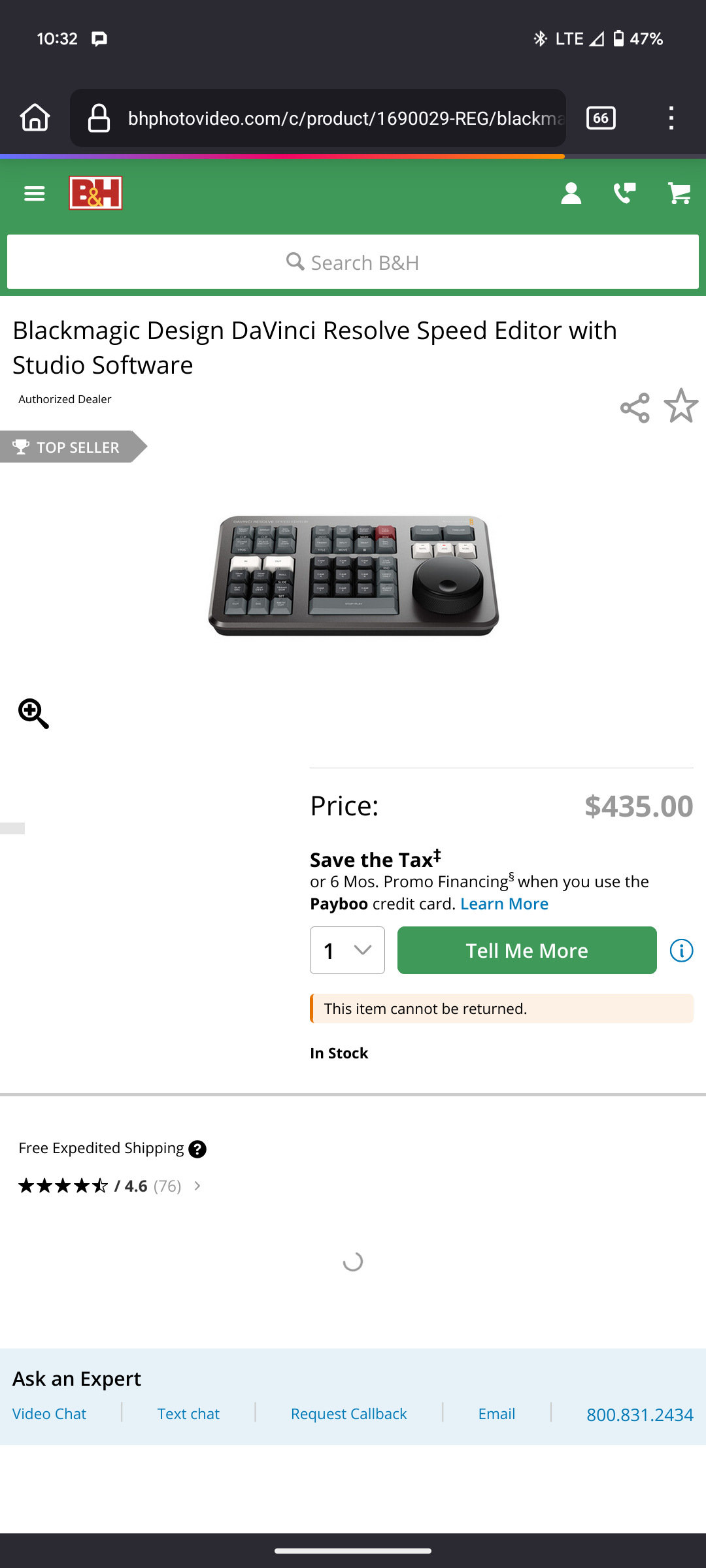 B&H Photo listing for a video editing control panel; no option to just add the item to cart.