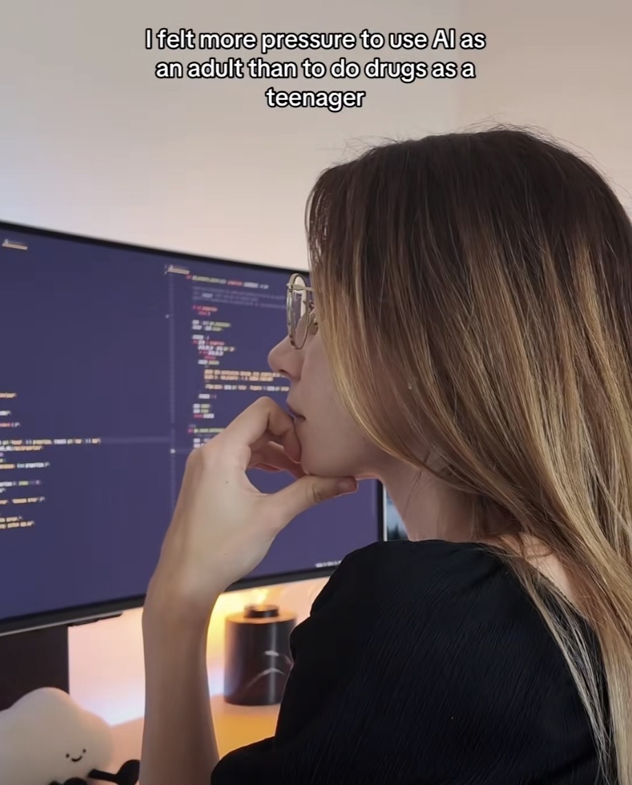 A person working in front of a computer monitor with the caption, “I felt more pressure to use Al as an adult than to do drugs as a teenager“
