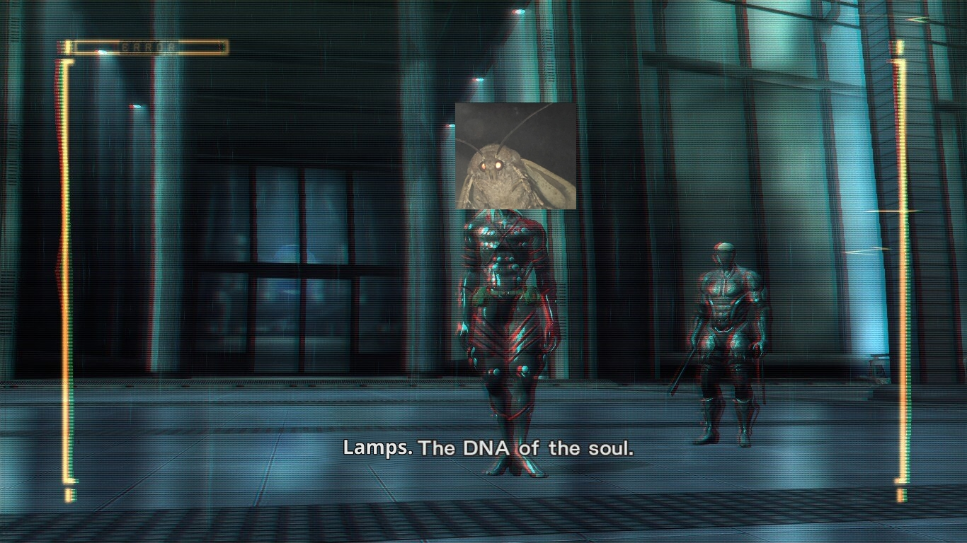 Lamps. The DNA of the soul. (picture of a moth edited over Monsoon from Metal Gear Rising)
