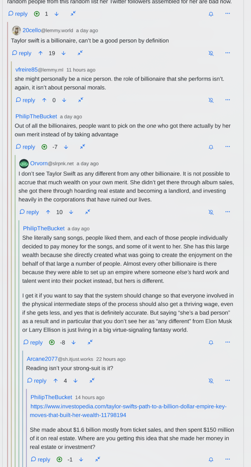 A screenshot of people saying Taylor Swift is by definition not a good person, more or less unanimously