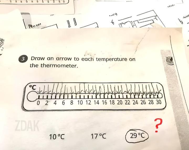 Exam question asking "Draw an arrow to each temperature" on the thermometer" with a thermometer drawing under the question and alternatives under the drawing, and the person answered by drawing literally every temperature missing the ones "10 Celsius, 17 Celsius, 29 Celsius". The person answering took the question too literal