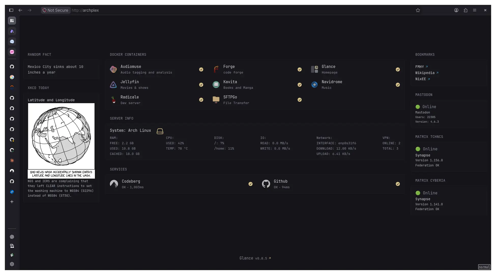 A firefox browser showing the home page setup for my server. The page is a glance homepage