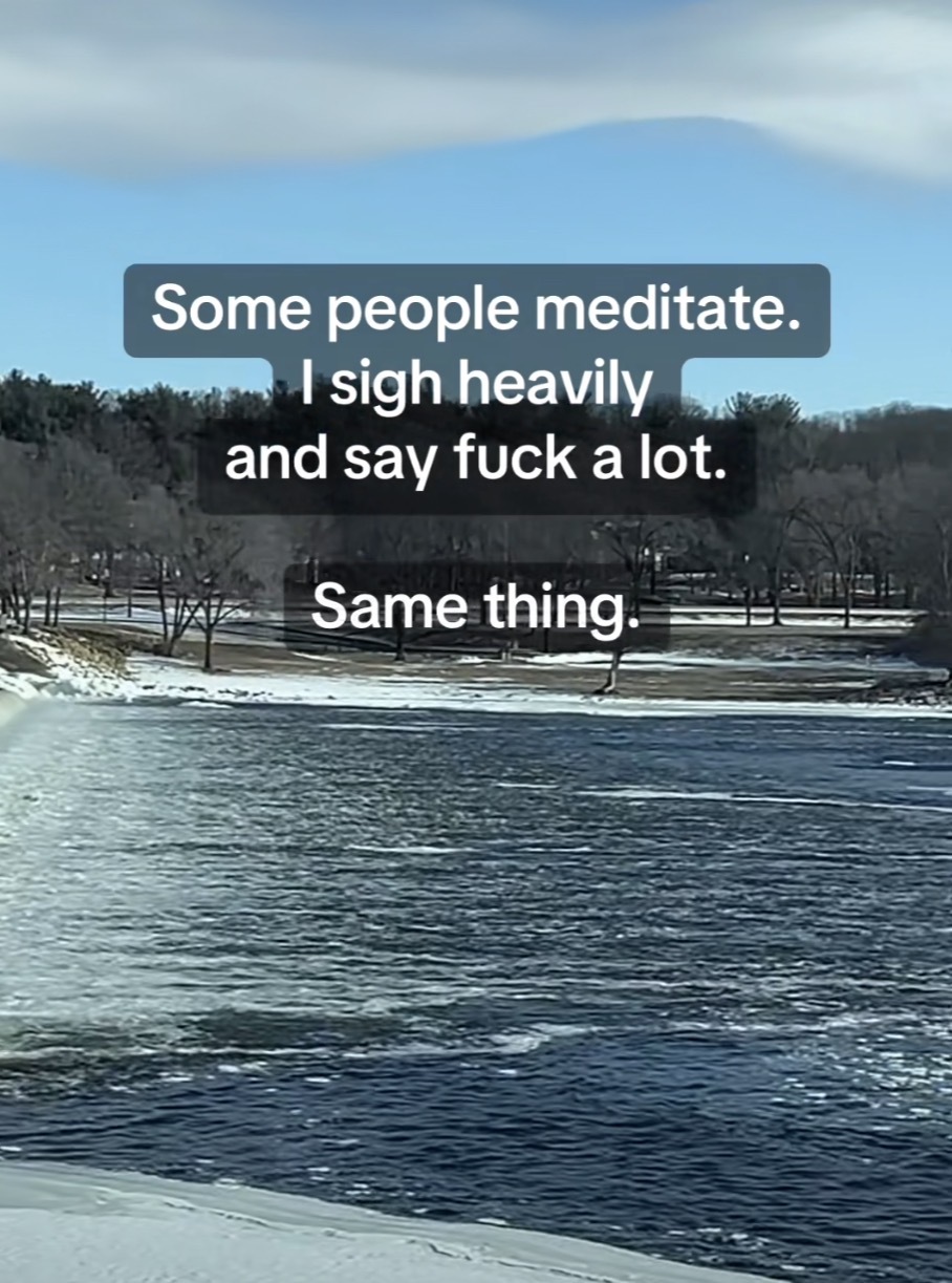 Picture of a lake with the caption “Some people meditate.
I sigh heavily
and say fuck a lot.
Same thing.”