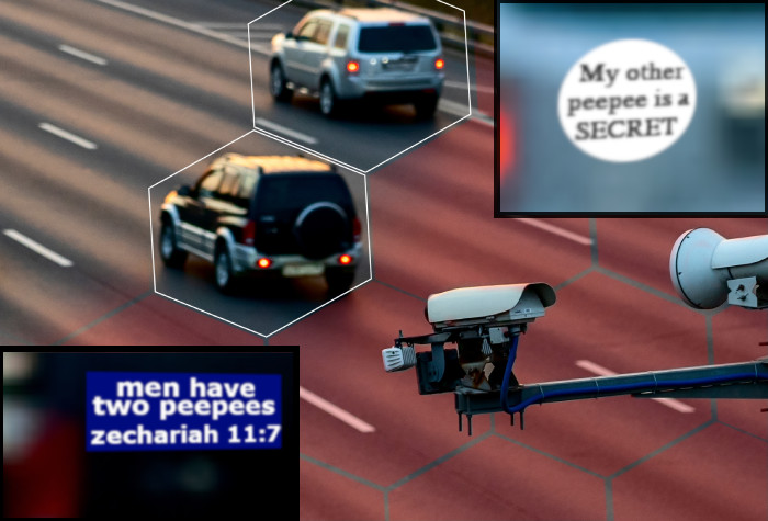 Photo with two traffic cameras pointed at a road with two SUVs driving away from the viewer, one silver and one black with silver trim. Each SUV has a hexagon drawn over it. In opposite corners of the image are rectangular cutouts showing zoomed-in images of each vehicle’s bumper sticker. One is a white circle with black text reading “my other peepee is a SECRET”. The other is a dark blue rectangle with white text reading “men have two peepees; zechariah 11:7”.