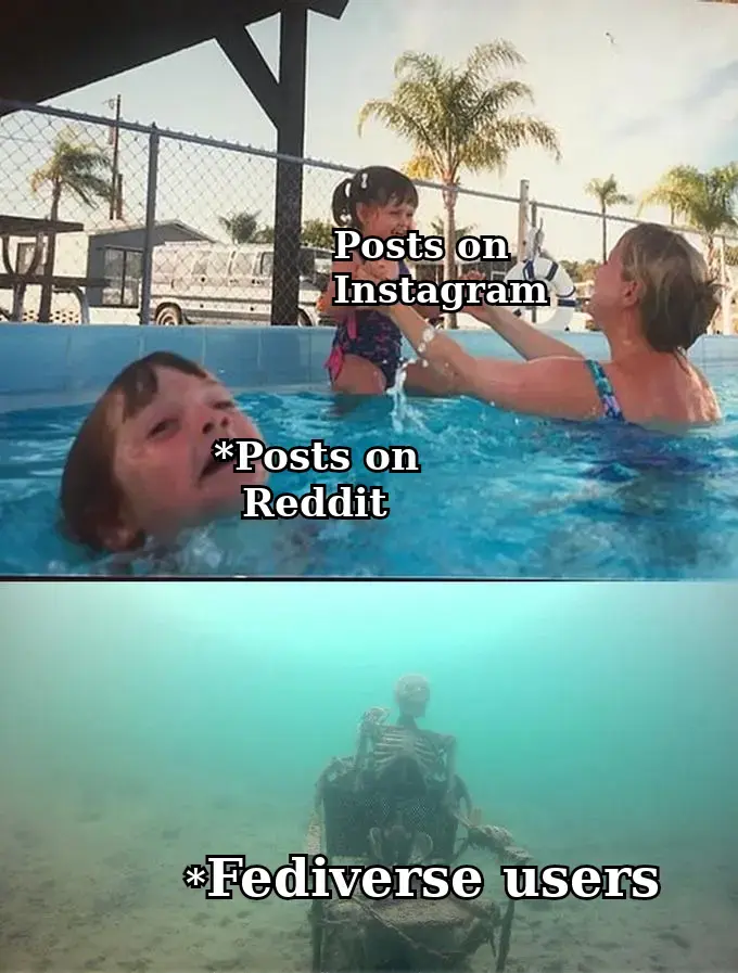 This image is a popular Internet meme format known as the "Mother Ignoring Kid Drowning In A Pool Meme".The meme contrasts different levels of attention platforms receive, with "Posts on Instagram" getting the most focus while "Fediverse users" are depicted as neglected or forgotten.