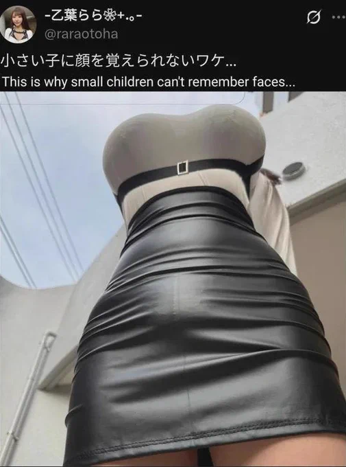 Photo of a well endowed woman in office attire, taken from the height of her knees. / tweet reads "So this is why small children cannot remember faces..." : 