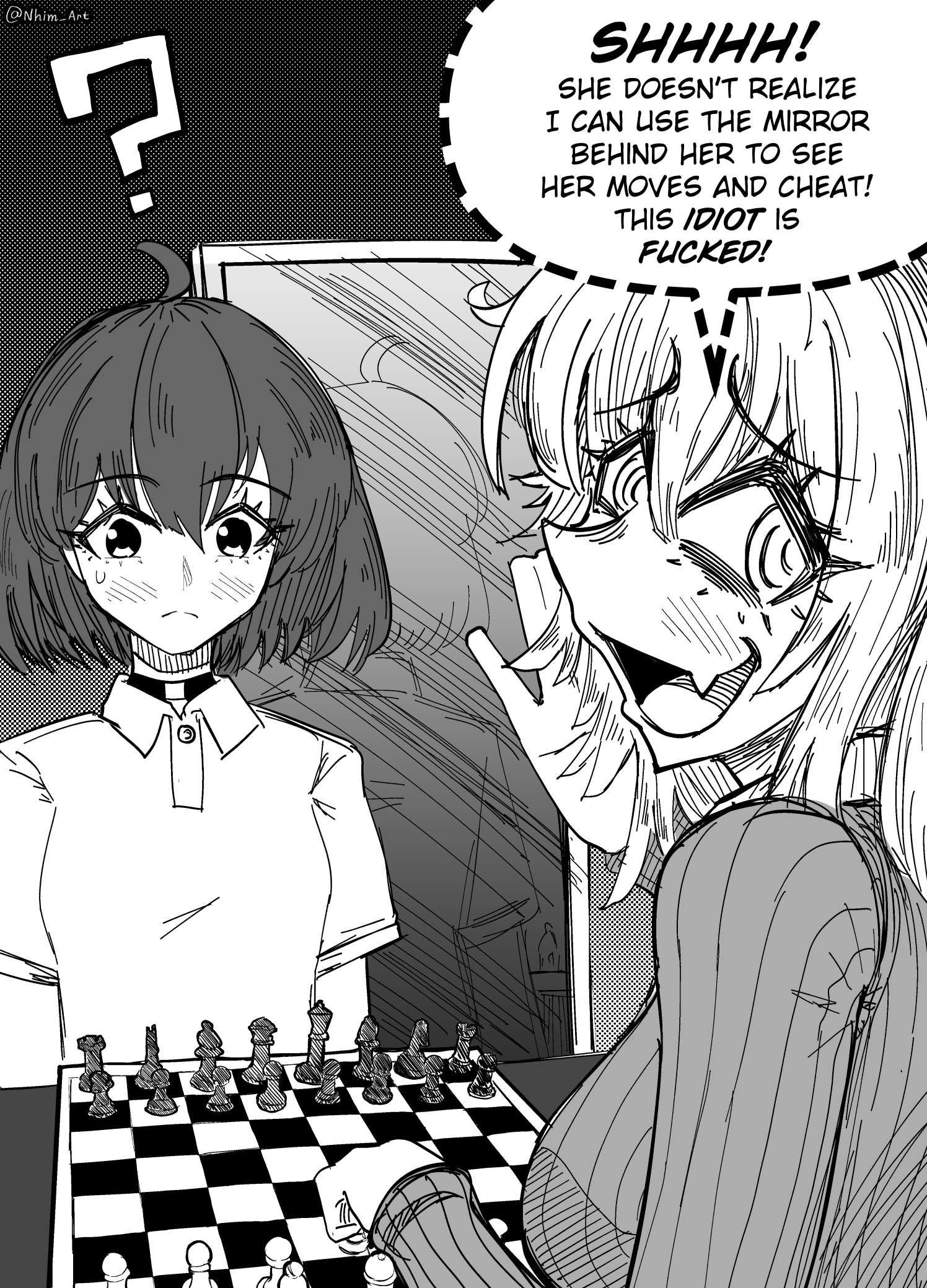 Mimi plays chess and says: "Shhhh! She doesn’t realize I can use the mirror behind her to see her moves and cheat! This *idiot* is *fucked*!"