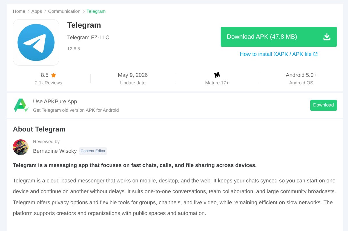 YSK: Telegram APK from APKPure is a spyware