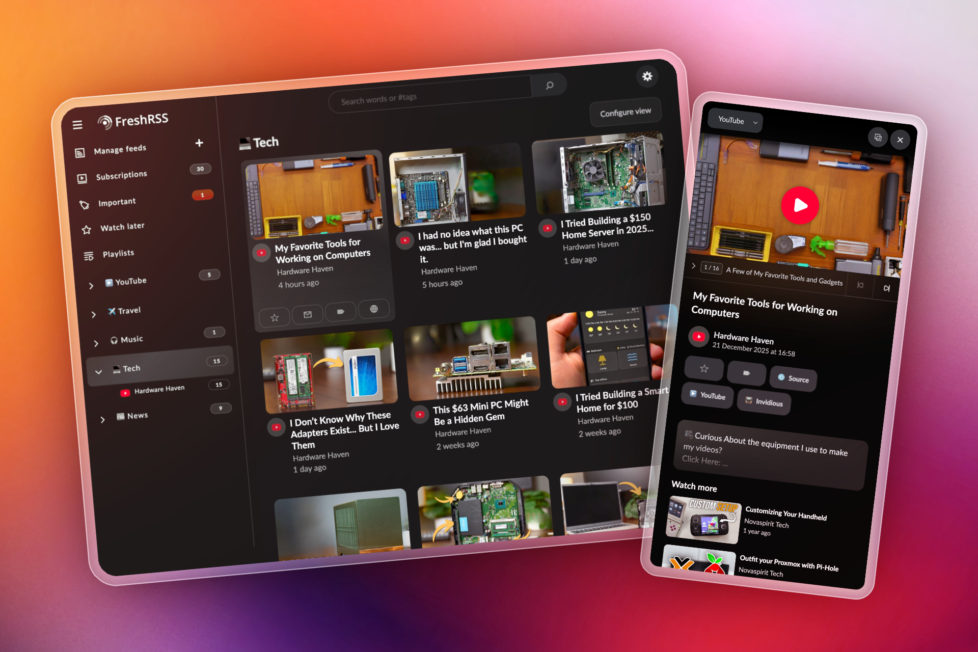 Preview of Youlag for FreshRSS in desktop and mobile view.